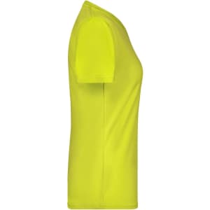 A bright yellow ladies' t-shirt with short sleeves, featuring a fitted silhouette and a logo on the front.