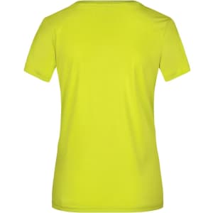 A bright yellow ladies' active T-shirt with a crew neckline and short sleeves, featuring a logo.