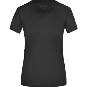 A black ladies' active T-shirt featuring a classic crew neckline and short sleeves. It includes a brand logo.