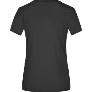 A black ladies' active T-shirt with a standard fit and short sleeves. It features a logo on the back.