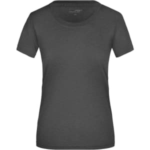 A fitted ladies T-shirt in dark grey with a round neckline. It features a branding logo.