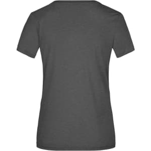 A grey T-shirt with a crew neck and short sleeves, featuring a logo on the back.
