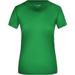 A green ladies' T-shirt with a classic round neck and short sleeves, featuring a logo.