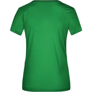 A green ladies' active T-shirt featuring a classic crew neck and short sleeves, with a logo on the back.