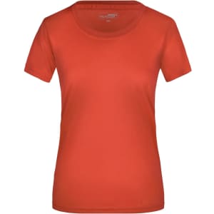 A red Ladies Active-T shirt with a round neckline and short sleeves. It has a logo on it.