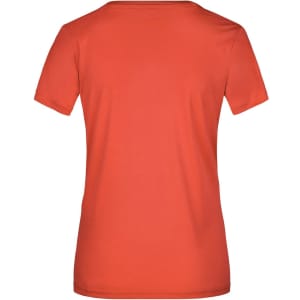 A red ladies' T-shirt featuring a fitted design and short sleeves. The shirt has a logo on the back.