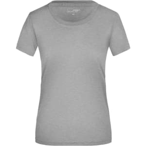 A grey ladies' T-shirt with a round neckline and short sleeves, featuring a logo.