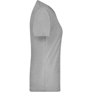 A grey ladies' T-shirt featuring a slim side profile. The shirt has a logo on it.