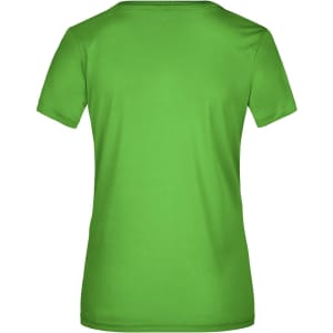 A green ladies' t-shirt with short sleeves and a round neck. The shirt has a branding logo on the back.