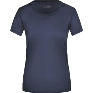 A navy blue Ladies Active-T shirt with a round neckline and short sleeves, featuring a logo on the label.
