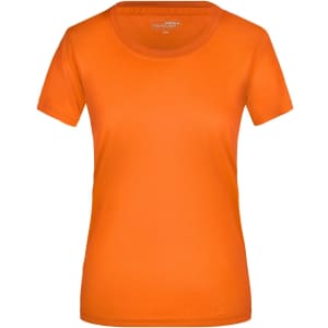 An orange women's T-shirt with a round neckline and short sleeves, featuring a logo.
