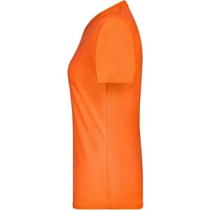 A vibrant orange ladies' active T-shirt with short sleeves and a fitted design. The shirt features a logo.