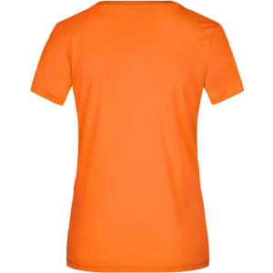An orange ladies' T-shirt with short sleeves and a round neckline, featuring a logo on the back.