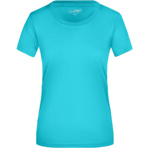 A turquoise ladies' T-shirt with a round neckline and short sleeves. It features a logo on the label.