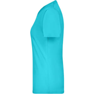 A side view of a turquoise ladies T-shirt with short sleeves and a simple design, featuring a logo.