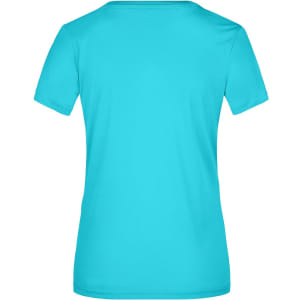 A turquoise ladies' T-shirt with a short sleeve and a plain back view, featuring a logo.