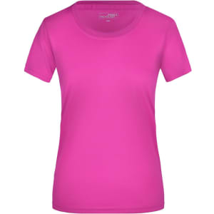 A pink ladies' active T-shirt with a round neck and short sleeves, featuring a logo.