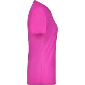 A side view of a ladies T-shirt in bright pink, featuring a fitted design and short sleeves.