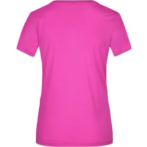 A pink ladies active T-shirt featuring short sleeves and a plain back, including a logo.