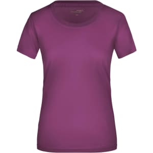 A purple ladies active T-shirt with a round neckline and short sleeves, featuring a logo.