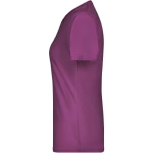 A purple women's active T-shirt with short sleeves and a fitted design. It features a logo on the fabric.