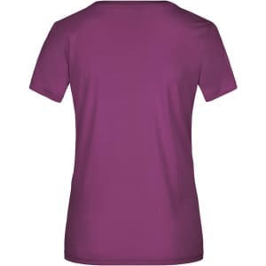 A purple ladies' T-shirt with a short sleeve design and a plain back. It features a logo.