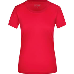 A red women's t-shirt with a round neck and short sleeves. It features a logo on the label.