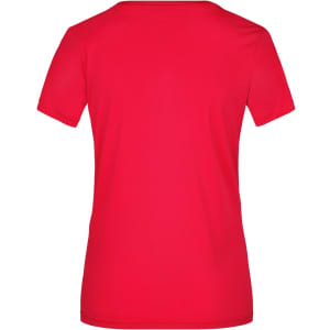 A red ladies' active T-shirt with a round neckline and short sleeves. It features a logo on the back.