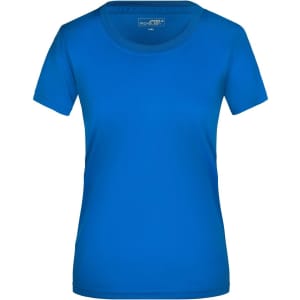 A blue ladies T-shirt with a round neckline and short sleeves. It features a logo on the label.
