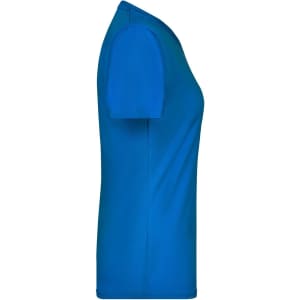 A blue ladies' active T-shirt displayed from the side, featuring a fitted design and short sleeves.