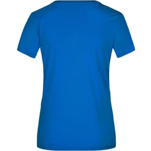 A blue short-sleeved women's T-shirt with a smooth finish and a branding logo on the back.