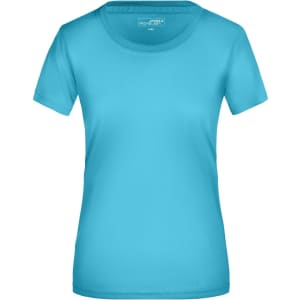 A turquoise women's T-shirt with a round neckline and short sleeves, featuring a logo.