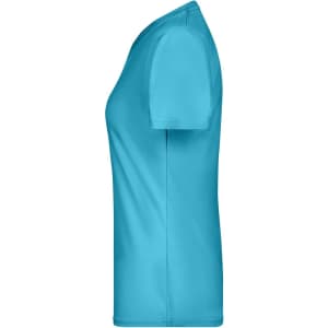 A side view of a ladies' active t-shirt in bright turquoise, featuring a smooth design and fitted shape.