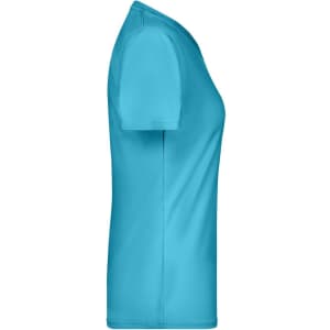A turquoise ladies' T-shirt featuring a classic crew neck and short sleeves, with one logo visible.