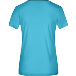A turquoise ladies active t-shirt with a simple design and a logo on the back.