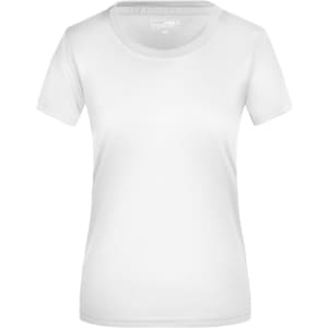 A white ladies' active T-shirt with a round neckline and short sleeves, featuring a logo.