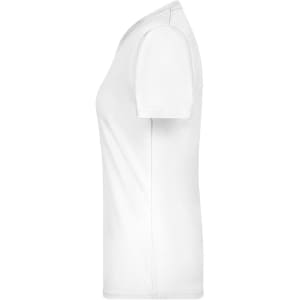 A white T-shirt with short sleeves and a fitted design, featuring a logo on the side.