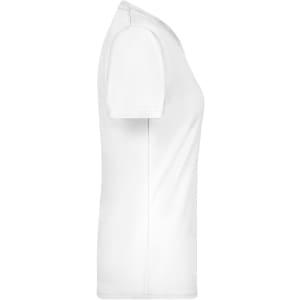 A white ladies' active T-shirt displayed from the side, featuring a fitted design and a logo.
