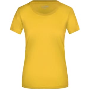 A yellow women's T-shirt with a round neckline and short sleeves, featuring a small logo.