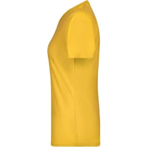 A yellow ladies' T-shirt featuring a fitted design and short sleeves, with a logo on the side.