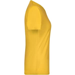 A yellow women's T-shirt with short sleeves featuring a logo. Side view showcasing its fit.