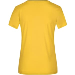 A yellow Ladies Active-T shirt featuring a simple design and a logo on the back.
