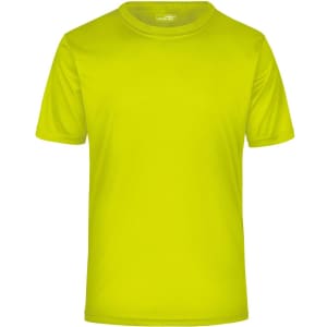 A bright yellow men's active T-shirt with a crew neckline and short sleeves. It features a logo on the front.