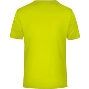 A bright yellow men's active T-shirt with a plain back design and short sleeves, featuring a logo.