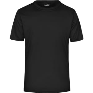 A black men's active T-shirt with short sleeves and a simple design. It features a logo on the label.