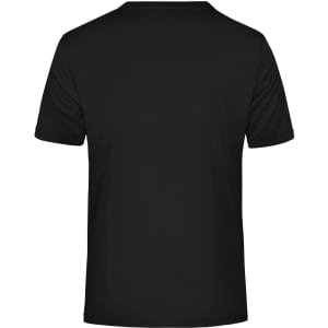 A black men's T-shirt featuring a plain design and a branded logo on the back.