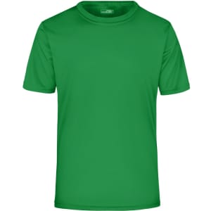 A green short-sleeve active t-shirt with a smooth texture and a logo on the label.