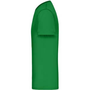 A green men's active T-shirt displayed from the side, featuring a logo on the shirt.