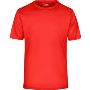 A red active t-shirt featuring a round neck and short sleeves, with a logo on the front.