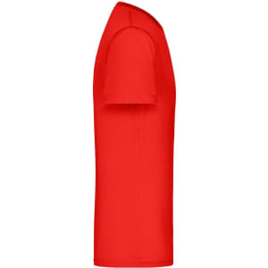 A red men's active T-shirt with a crew neckline and short sleeves, featuring a logo.